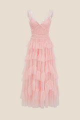 V-neck Pink Ruffle Tiered A-line Long Dress