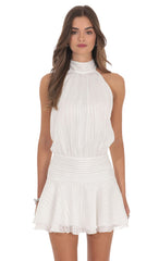 Shimmer Mock Neck Halter Dress in White