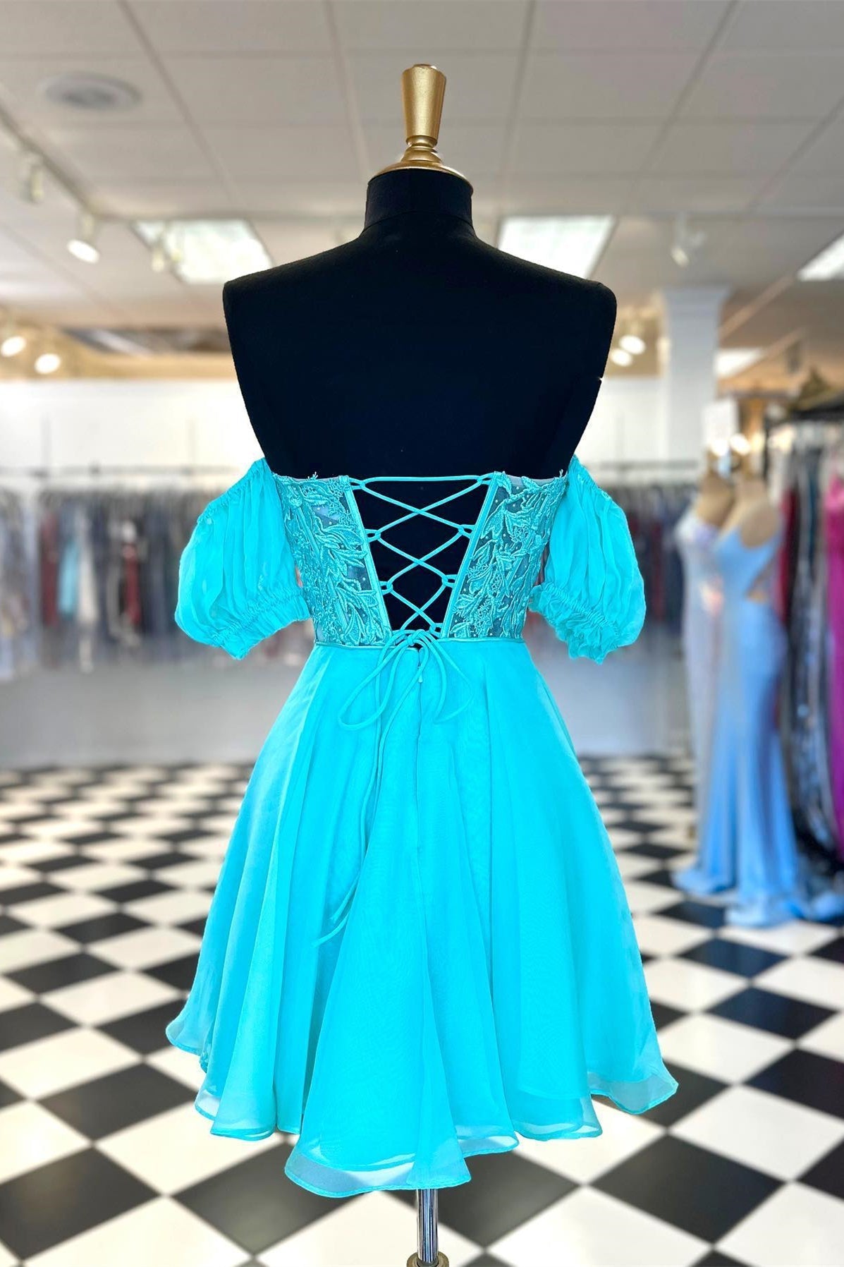 Sweetheart Blue Lace and Chiffon Short Dress