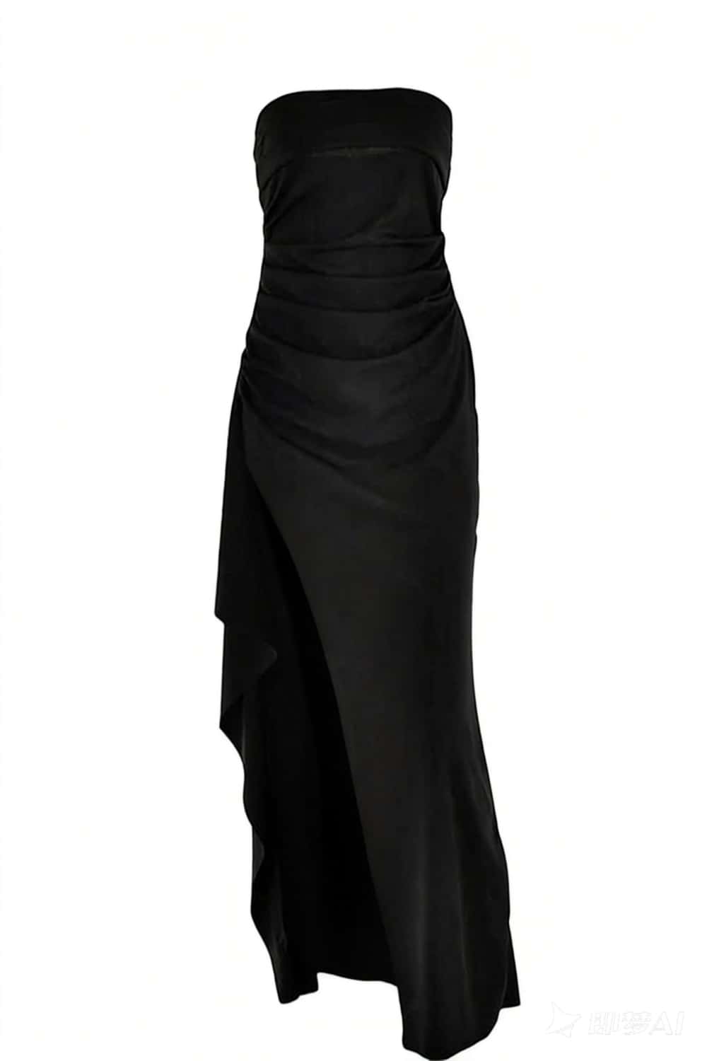Strapless Black Ruched Long Dress with Slit