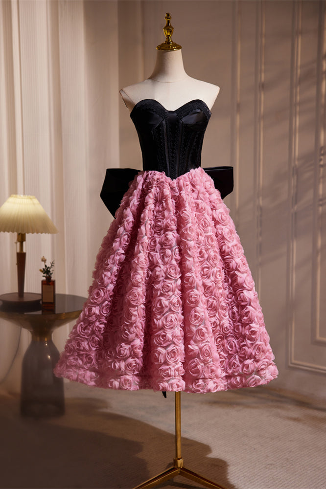 Sweetheart Black and Pink Floral Tea Length Dress