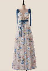 Sweetheart Blue Floral A-line Long Formal Gown