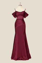 Straps Burgundy Ruched Mermaid Long Party Dress