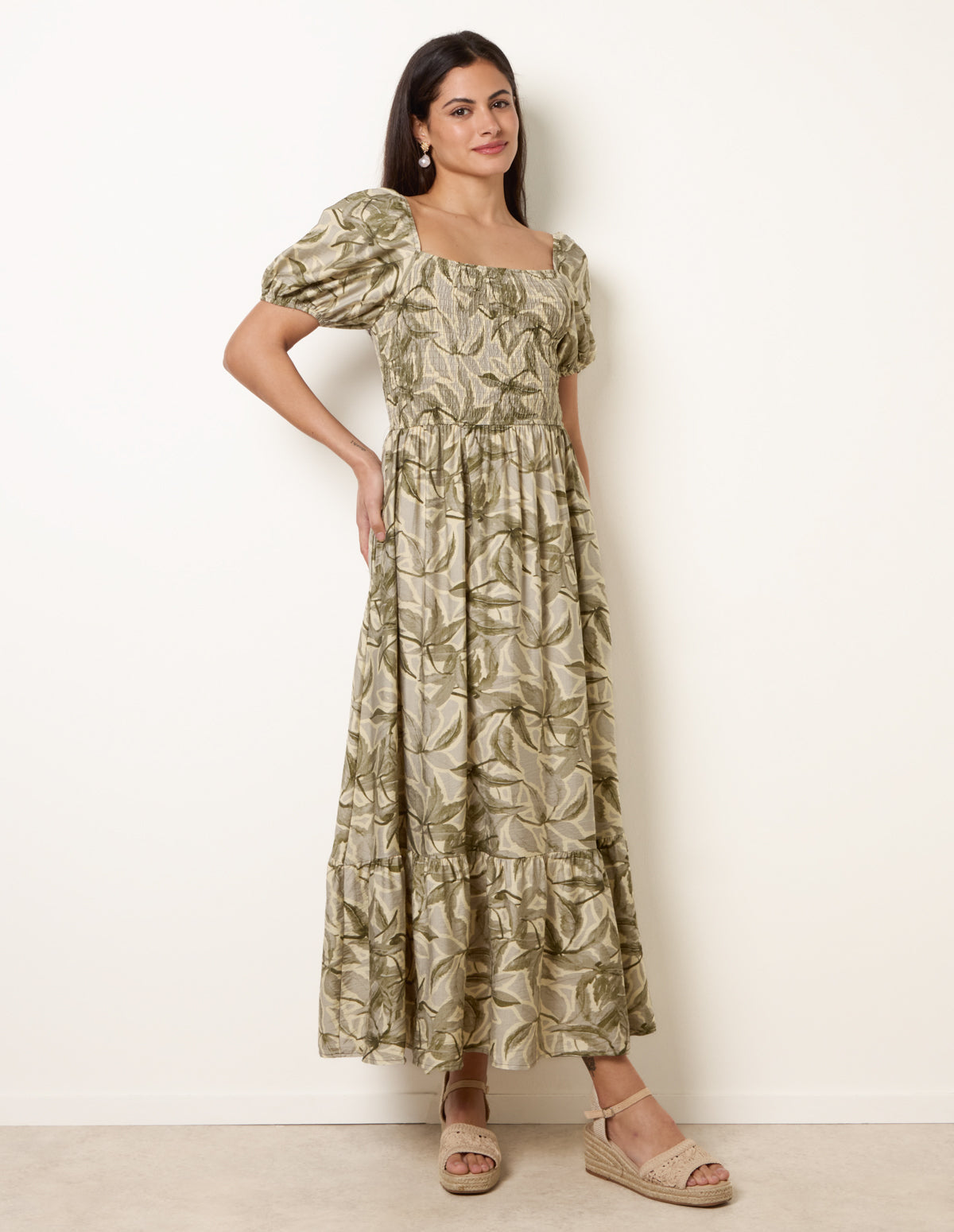 Large Floral Printed Square Neck Puff Sleeve Dress