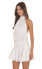 Shimmer Mock Neck Halter Dress in White