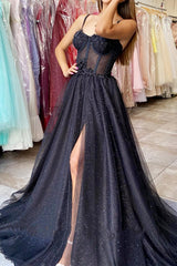 Straps Black Corset A-line Prom Gown