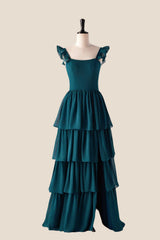 Straps Dark Blue Ruffle Long Bridesmaid Dress