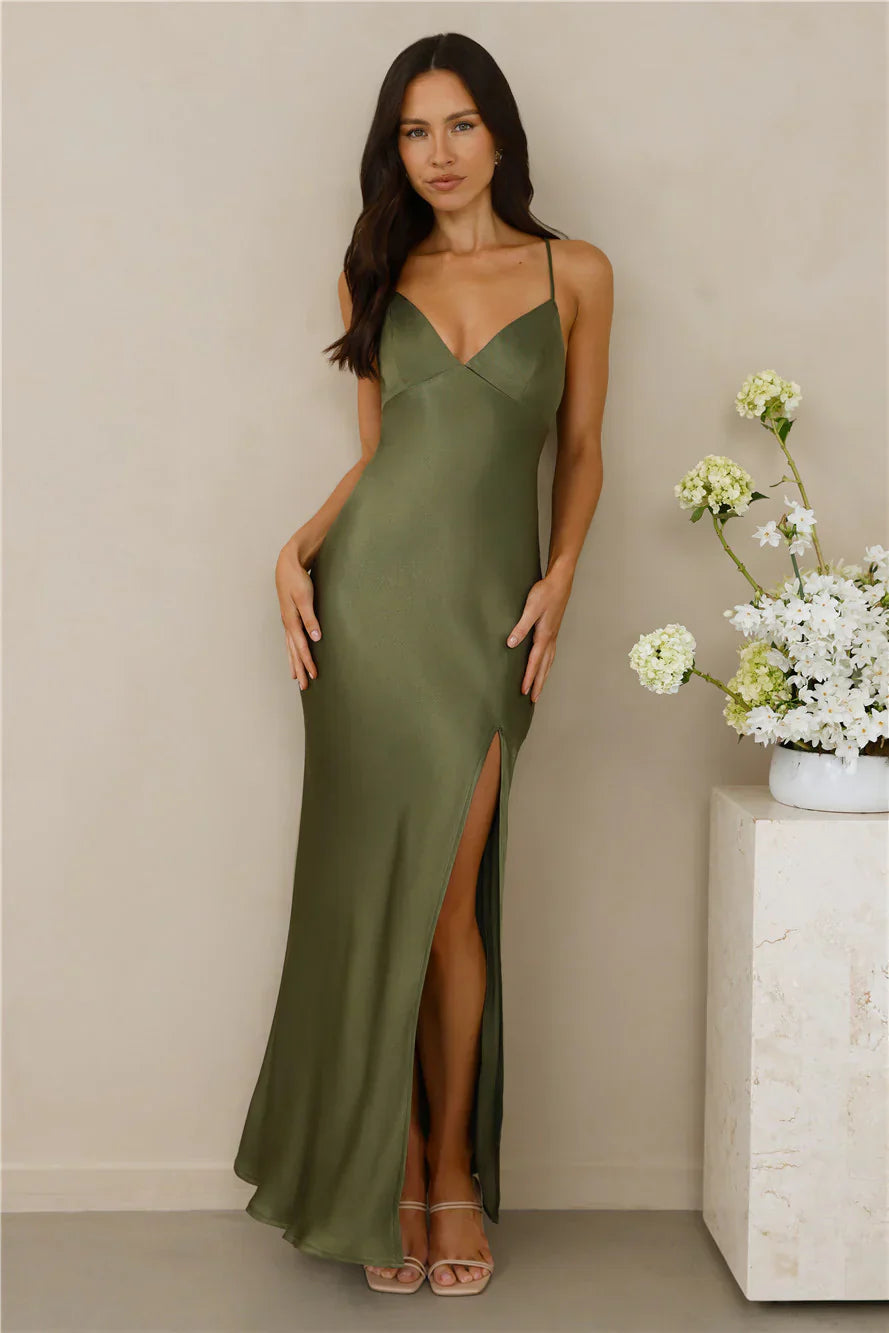 The Sophia Satin Maxi Dress Olive