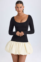 Modal Scoop-Neck Drop-Waist Bubble Hem Mini Dress in Vanilla