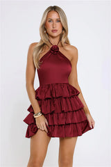 Moonlit Star Halter Satin Mini Dress Burgundy