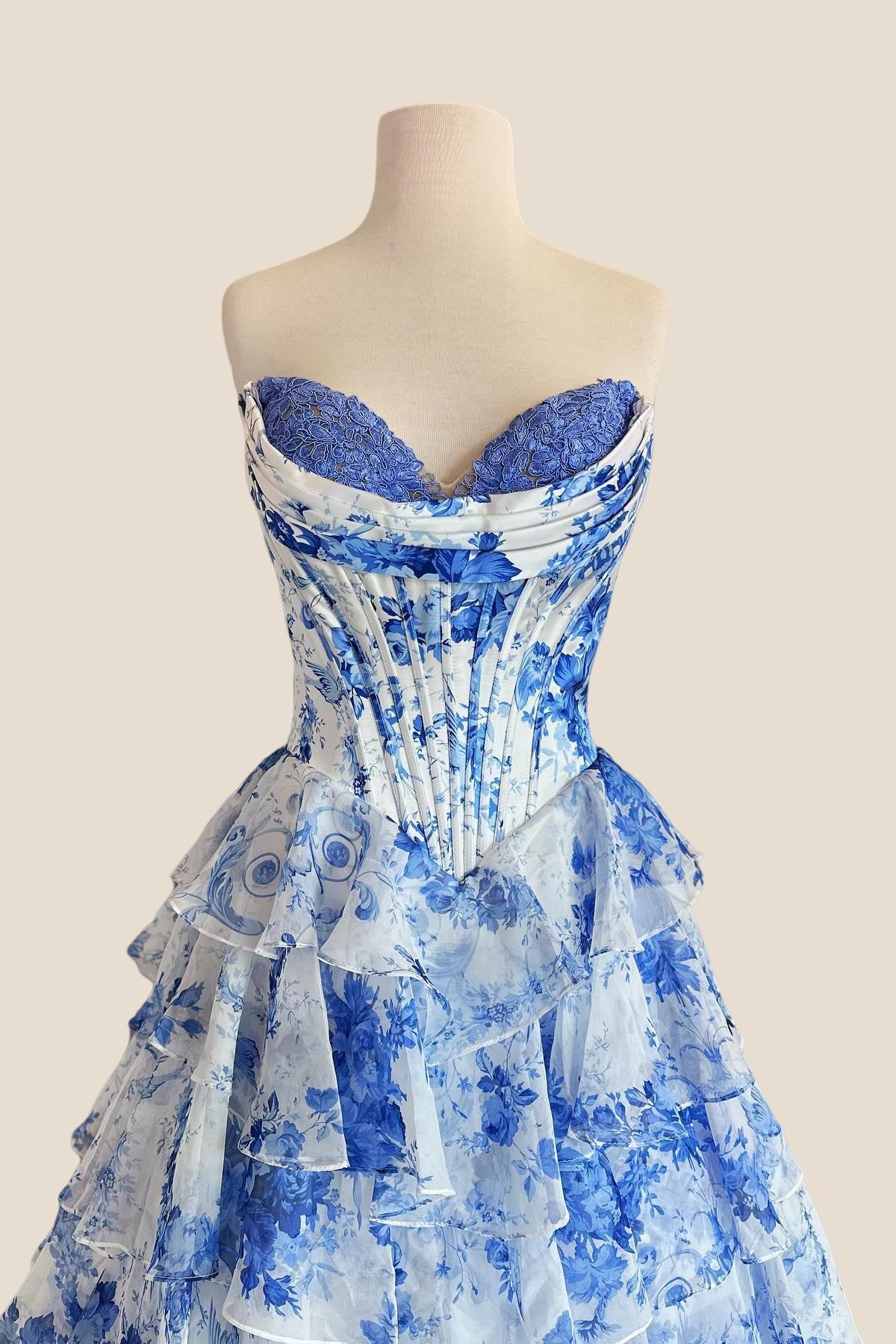 Sweetheart Blue Floral Corset A-line Ruffle Gown