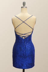 Straps Royal Blue Sequin Tight Mini Dress