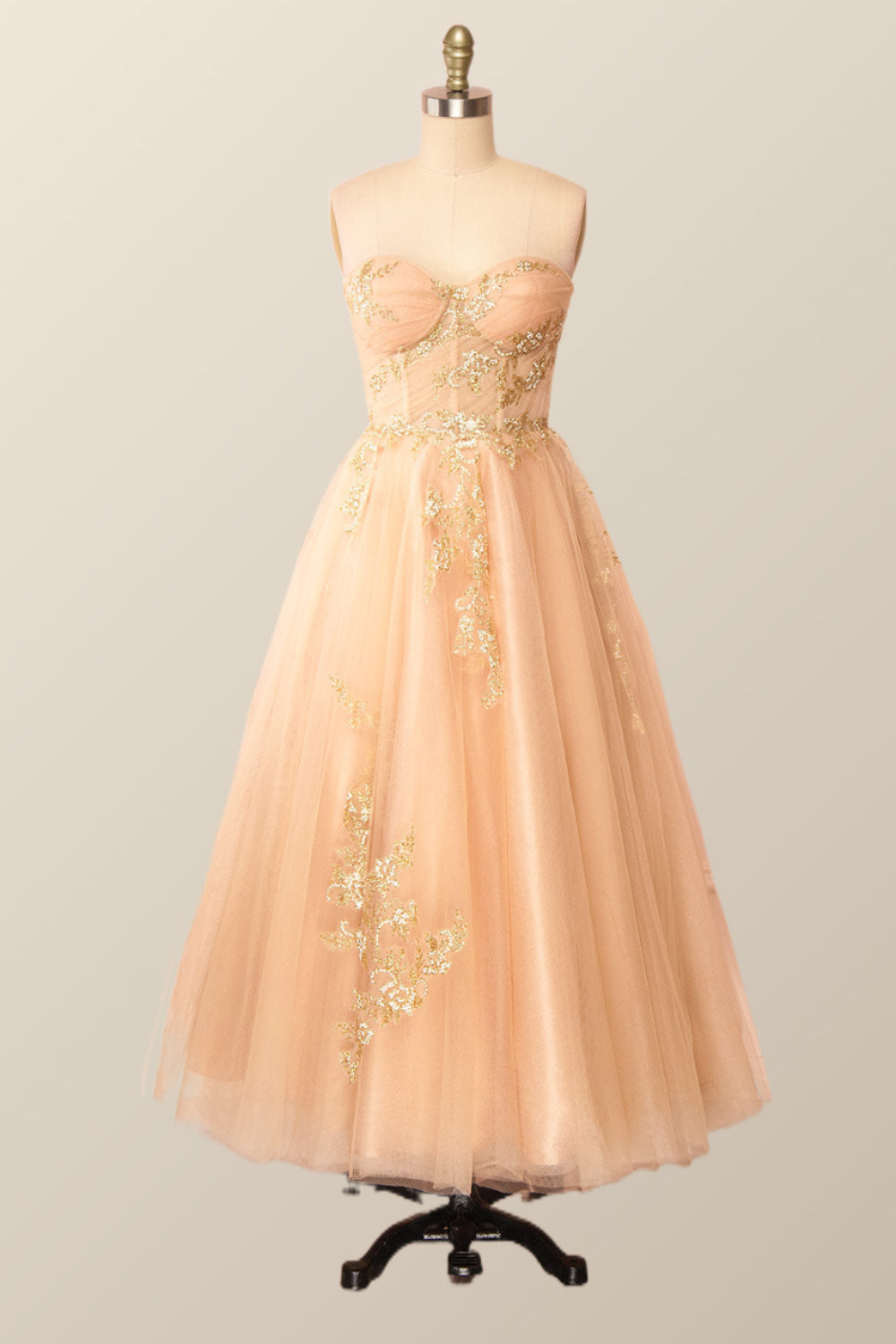 Sweetheart Champagne Tulle Tea Length Dress with Gold Sequins