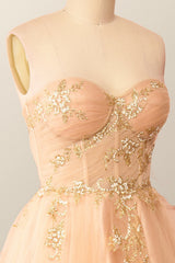 Sweetheart Champagne Tulle Tea Length Dress with Gold Sequins