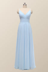 Straps Blue Empire Chiffon Long Bridesmaid Dress