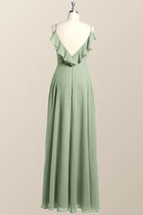 Straps Sage Green Chiffon Long Bridesmaid Dress with Open Back