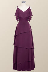 Straps Grape Chiffon Tiered Ruffle Bridesmaid Dress