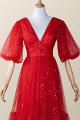 Red Puffy Sleeves Glitters Tea Length Dress