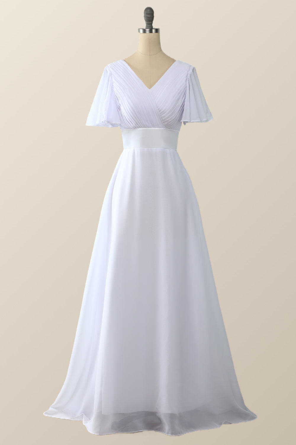 Pleated Pink Flare Sleeves Chiffon Long Bridesmaid Dress