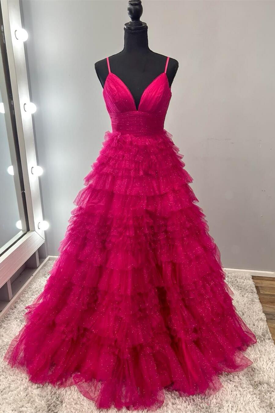 Pink Tiered Ruffle Long Ball Gown with Straps