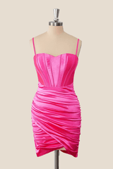 Straps Hot Pink Ruched Tight Mini Dress