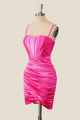 Straps Hot Pink Ruched Tight Mini Dress