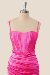 Straps Hot Pink Ruched Tight Mini Dress
