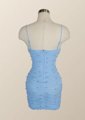 Straps Blue Tight Mini Dress with Pearls