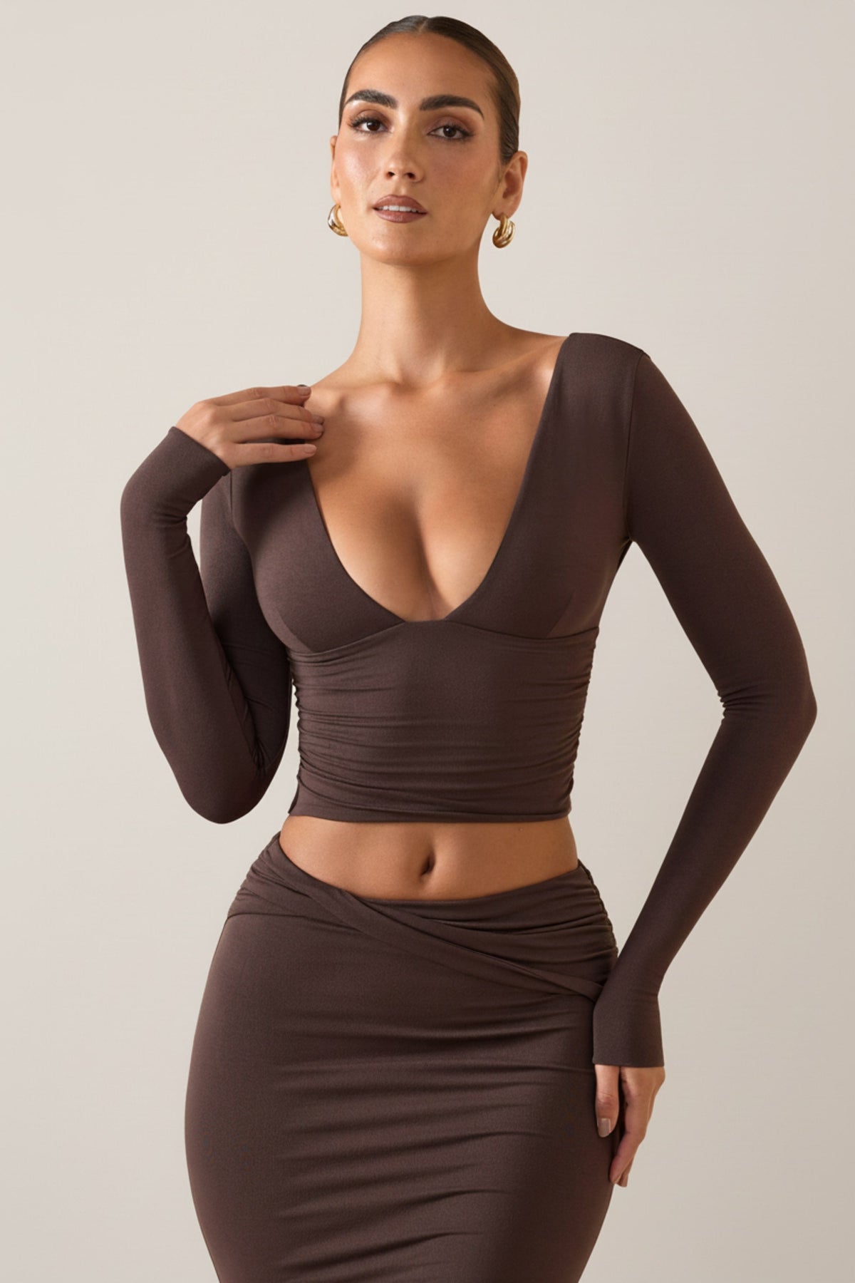Modal Plunge Long-Sleeve Top in Chocolate Brown