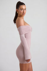 Modal-Cashmere Blend Off-Shoulder Ruched Mini Dress in Taupe