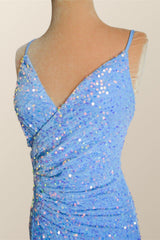 Straps Blue Sequin Ruched Faux Wrap Dress