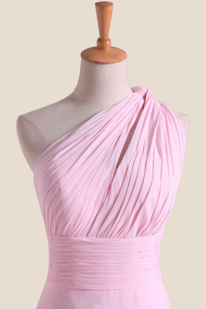 Pleated One Shoulder Pink Chiffon Long Bridesmaid Dress