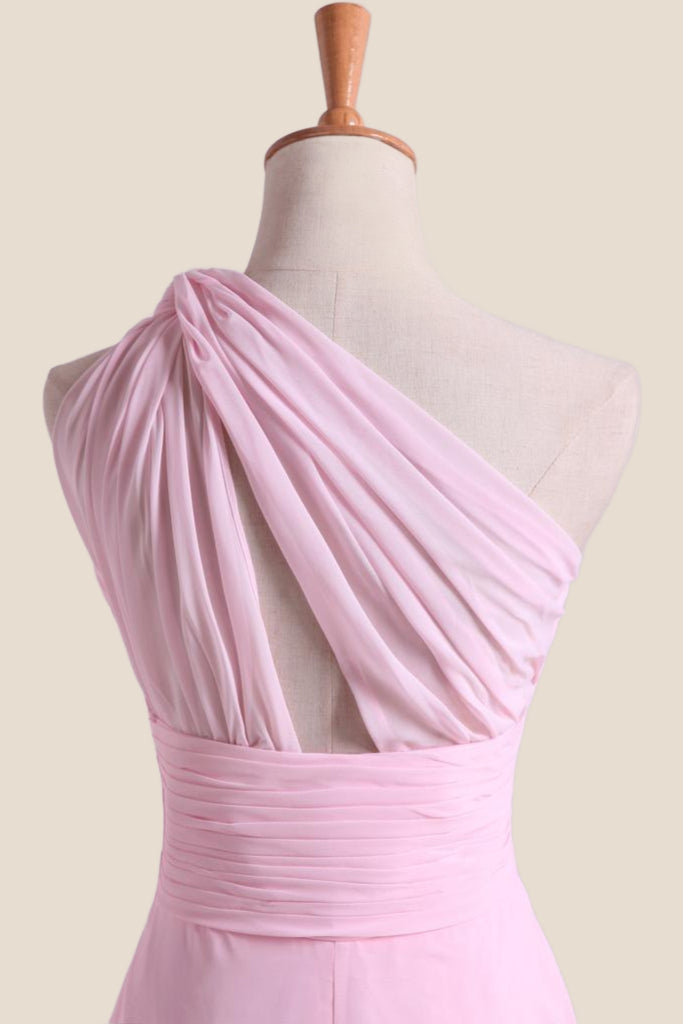 Pleated One Shoulder Pink Chiffon Long Bridesmaid Dress