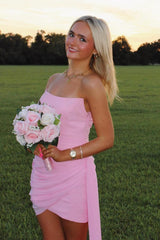 Strapless Pink Ruched Tight Short Dress