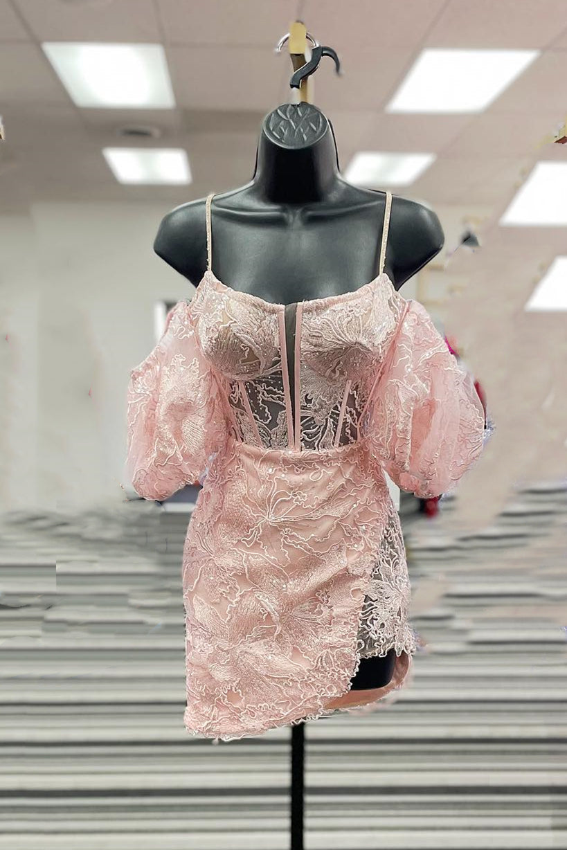 Straps Pink Lace Appliques Tight Mini Dress