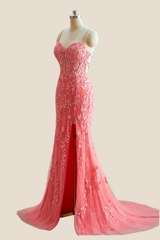 Straps Pink Lace Mermaid Long Formal Dress