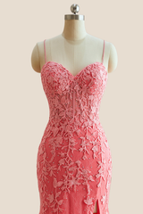 Straps Pink Lace Mermaid Long Formal Dress
