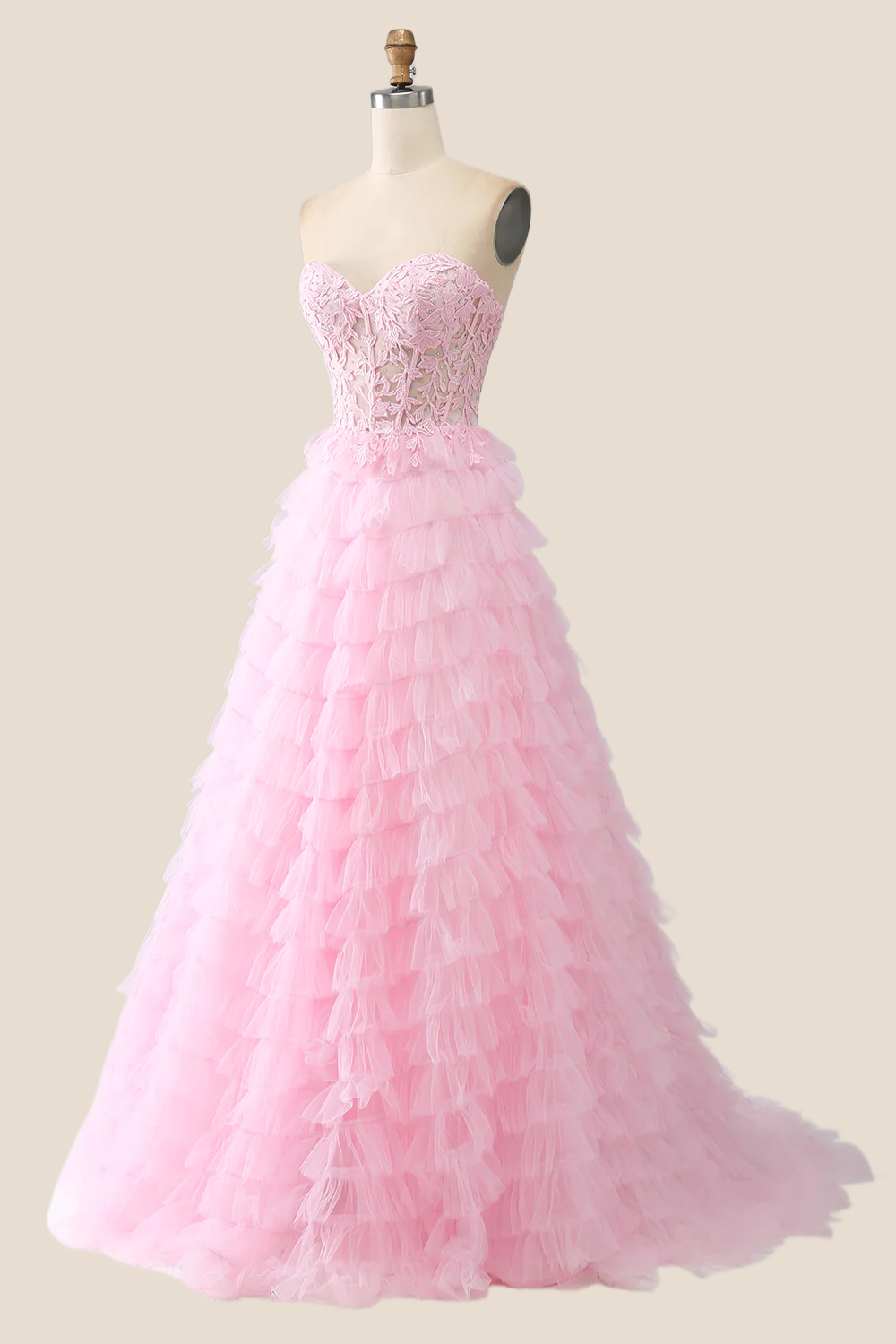 Pink Sweetheart Lace and Tulle Tiered Gown