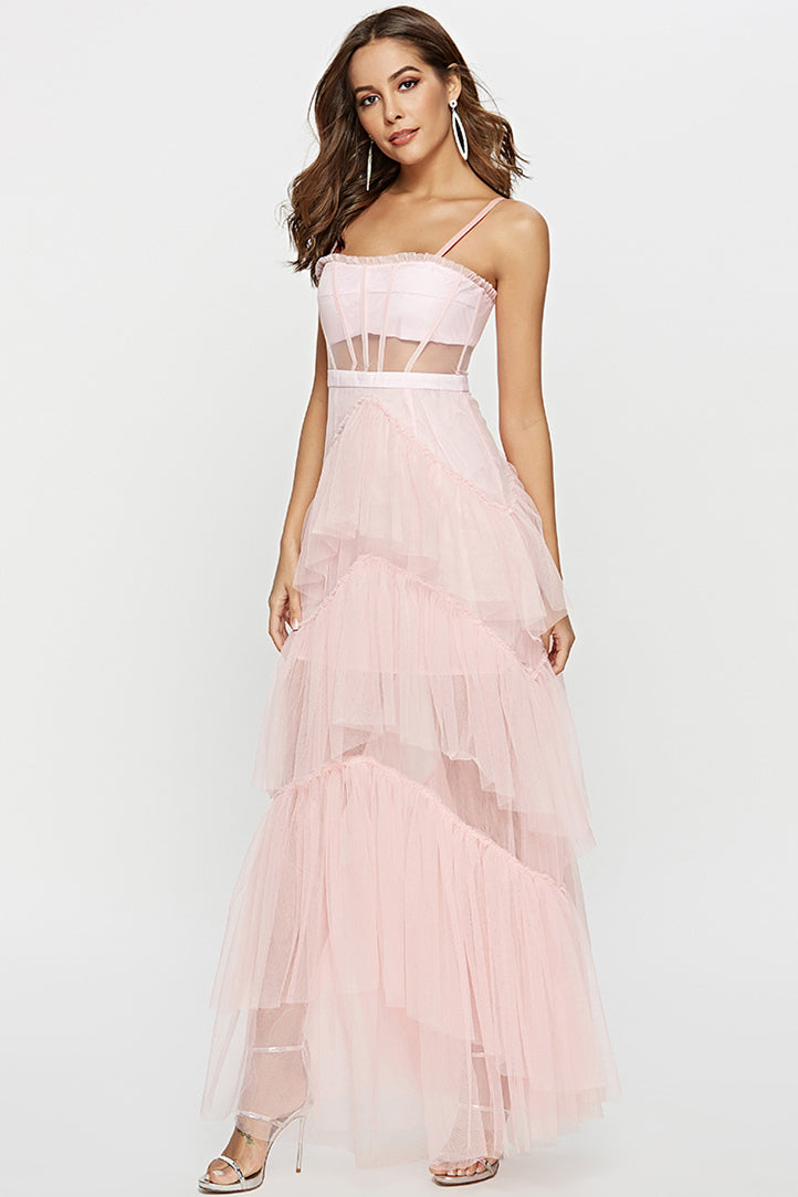 Straps Black Tulle Ruffled Long Maxi Dress