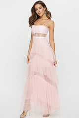 Straps Black Tulle Ruffled Long Maxi Dress