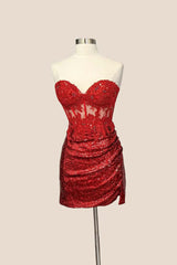 Strapless Red Sequin Tight Short Dress
