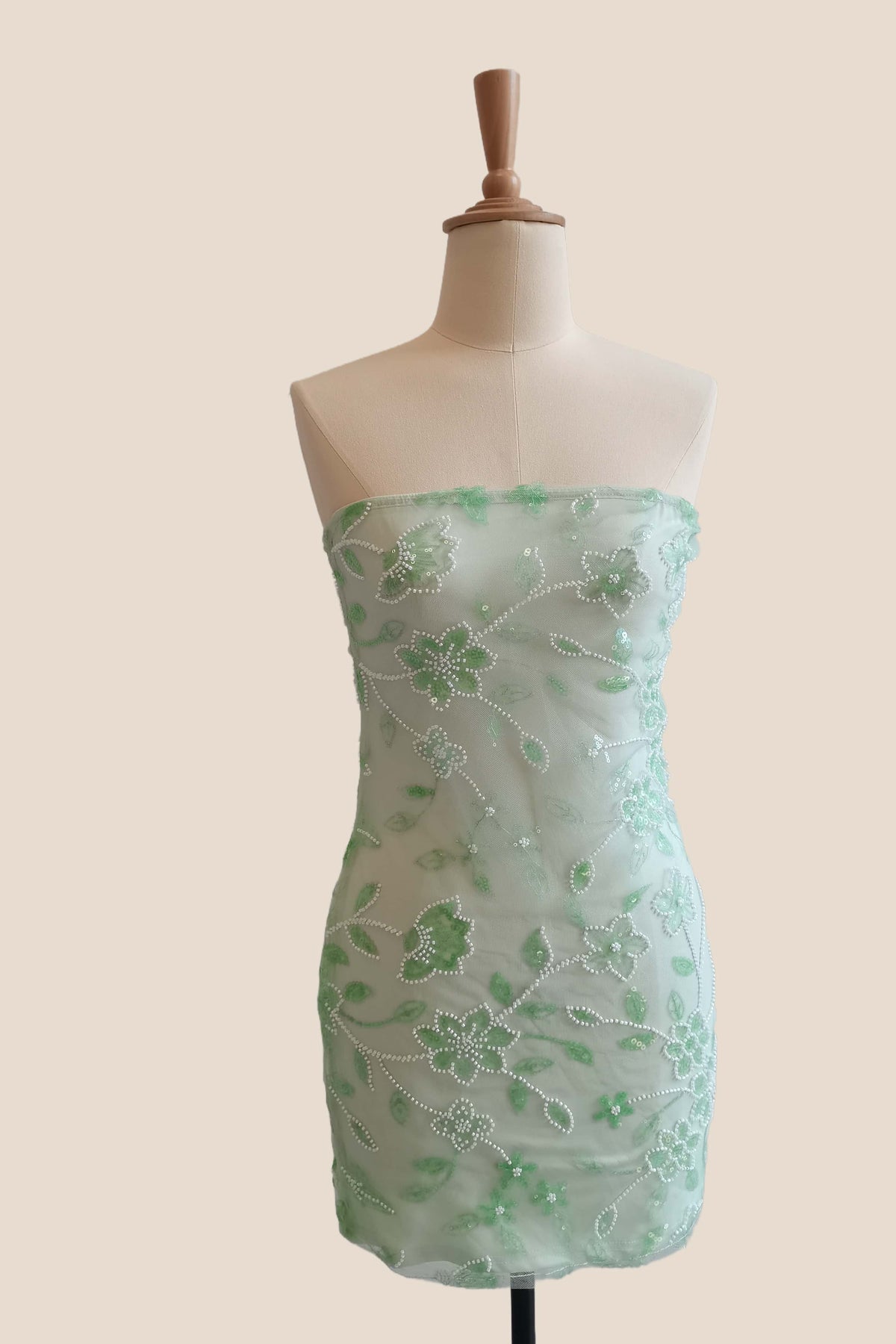 Strapless Sage Beaded Flowers Tight Short Dress