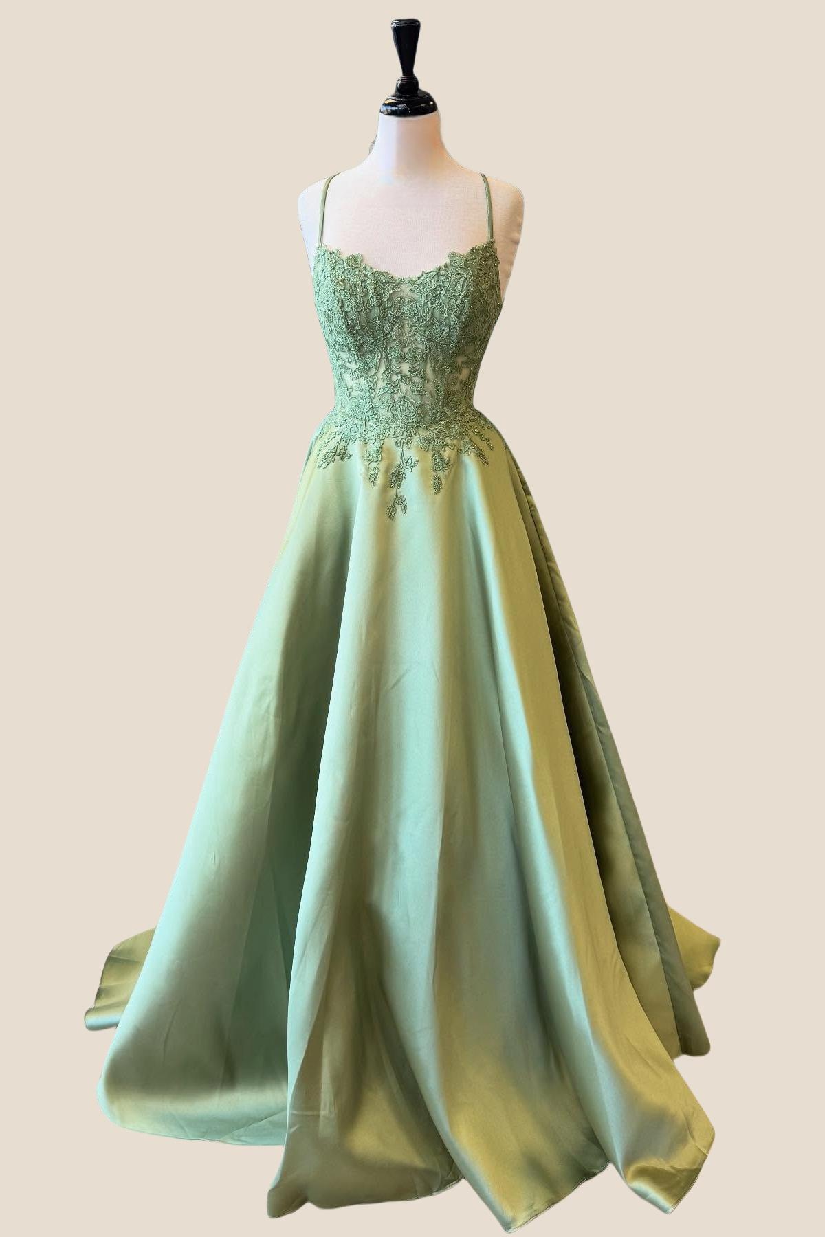 Straps Sage Green Appliques Satin A-line Formal Gown
