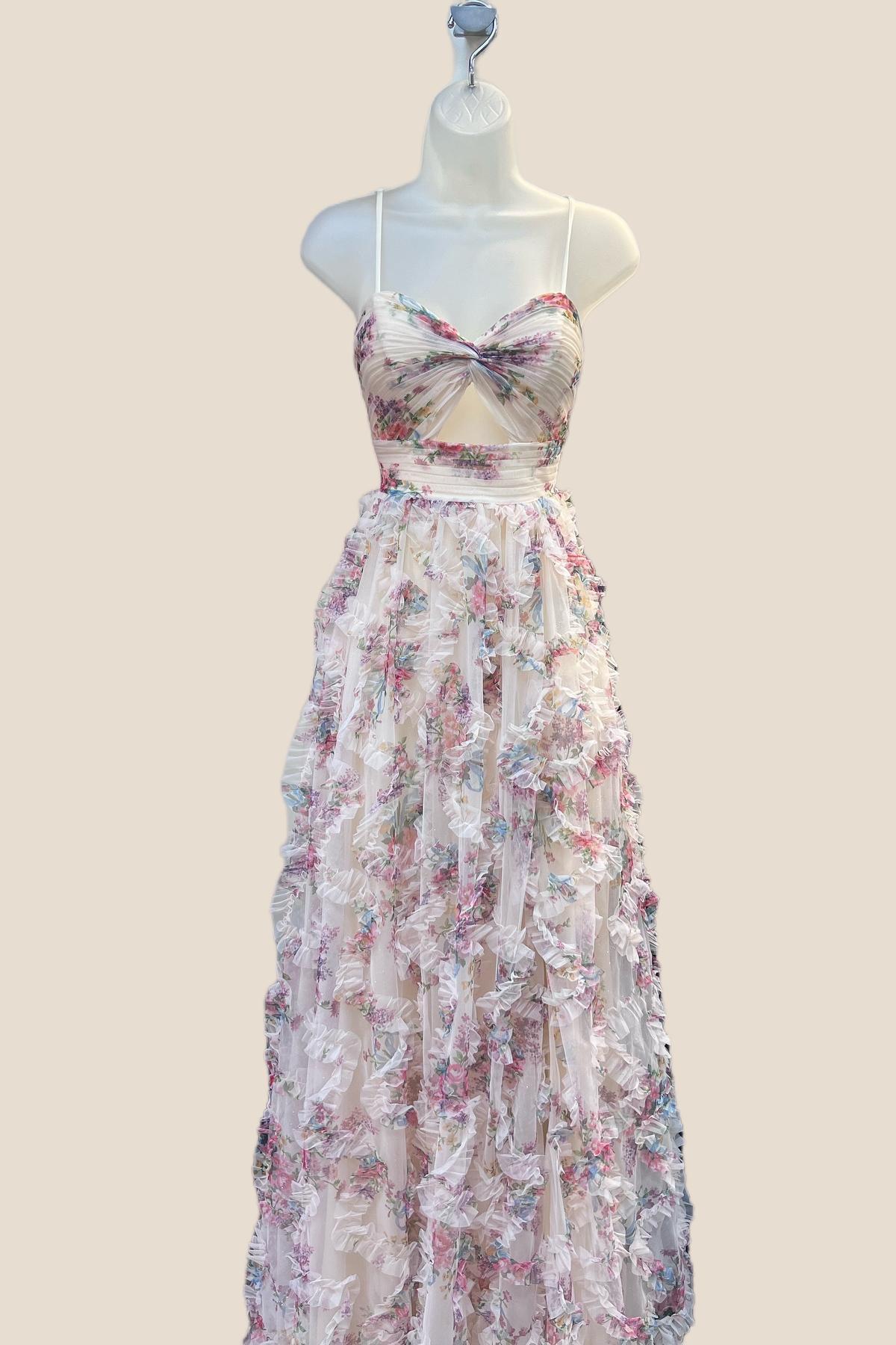 Twist Champagne Floral A-line Ruffle Gown